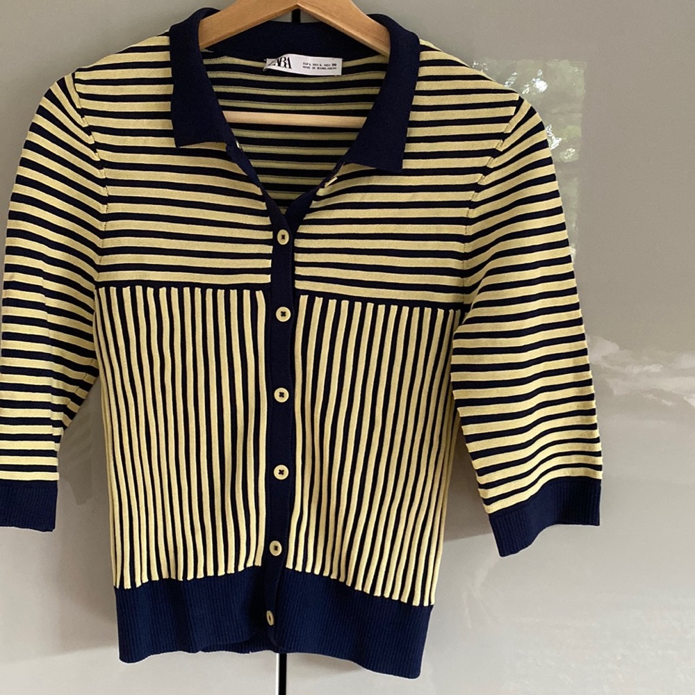 ZARA Striped Knit Top Navy and cream Size L